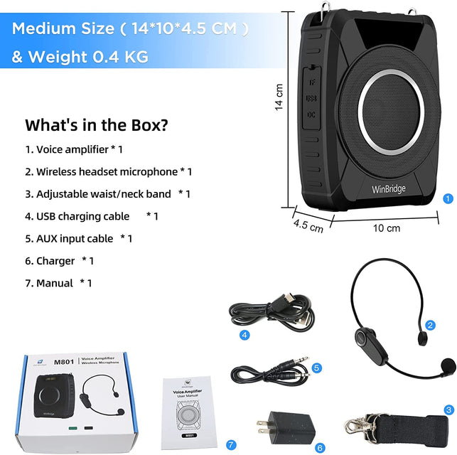 Winbridge 20W Bluetooth Voice Amplifier Wireless Microphone for Teachers, Portable Waterproof Voice Amplifier for Teaching, Speaking, Classroom, Personal Mic Headset and Speaker System M801 - The Gadget Collective