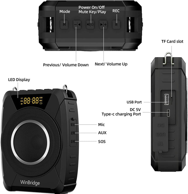 Winbridge 20W Bluetooth Voice Amplifier Wireless Microphone for Teachers, Portable Waterproof Voice Amplifier for Teaching, Speaking, Classroom, Personal Mic Headset and Speaker System M801 - The Gadget Collective