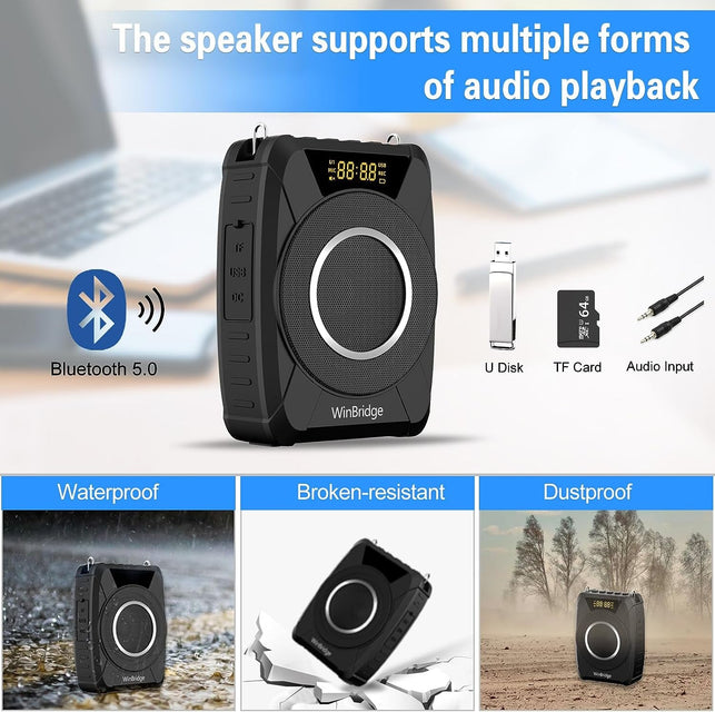 Winbridge 20W Bluetooth Voice Amplifier Wireless Microphone for Teachers, Portable Waterproof Voice Amplifier for Teaching, Speaking, Classroom, Personal Mic Headset and Speaker System M801 - The Gadget Collective