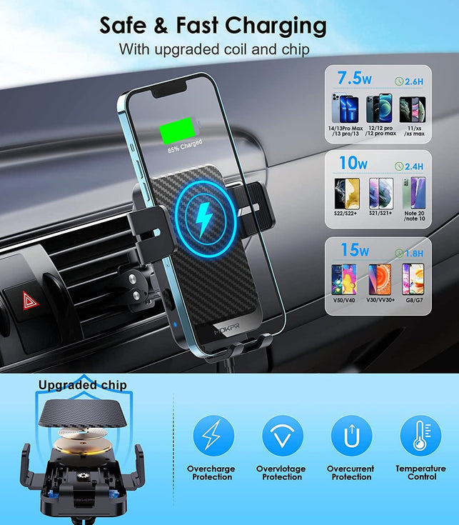 Wireless Car Charger, MOKPR 15W Fast Charging Auto-Clamping Car Charger Phone Mount Air Vent Cell Phone Holder Compatible Iphone 14/13/13 Pro/12 Pro/12/11/X/8, Samsung Galaxy S22/S21/S20, Etc - The Gadget Collective