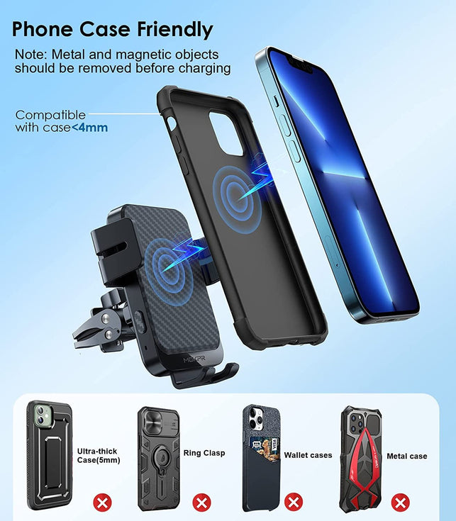 Wireless Car Charger, MOKPR 15W Fast Charging Auto-Clamping Car Charger Phone Mount Air Vent Cell Phone Holder Compatible Iphone 14/13/13 Pro/12 Pro/12/11/X/8, Samsung Galaxy S22/S21/S20, Etc - The Gadget Collective