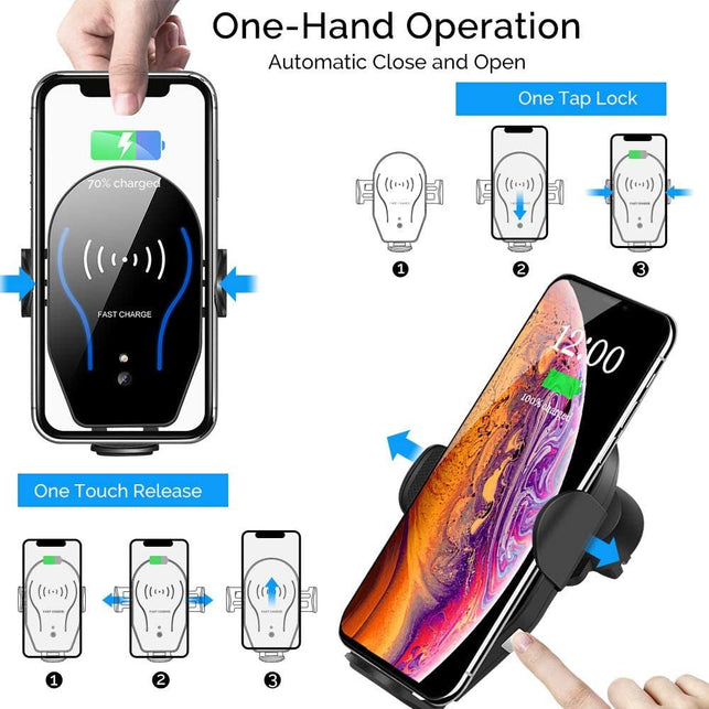 Wireless Car Charger Mount, Mikikin Auto-Clamping Qi 10W 7.5W Fast Charging Car Phone Holder Air Vent Compatible with Iphone 14/13/12/Mini/11/Pro/Pro Max/Plus/Xr/Xs/X/8, Samsung S22/S21/S20/10/Note 20 - The Gadget Collective