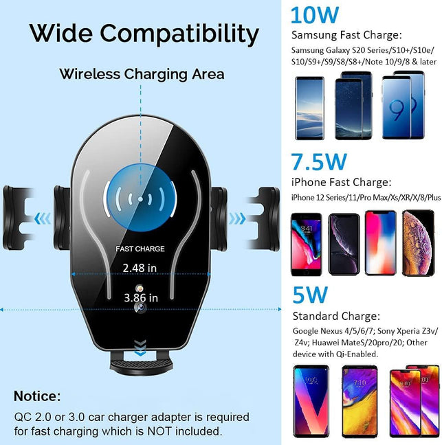 Wireless Car Charger Mount, Mikikin Auto-Clamping Qi 10W 7.5W Fast Charging Car Phone Holder Air Vent Compatible with Iphone 14/13/12/Mini/11/Pro/Pro Max/Plus/Xr/Xs/X/8, Samsung S22/S21/S20/10/Note 20 - The Gadget Collective