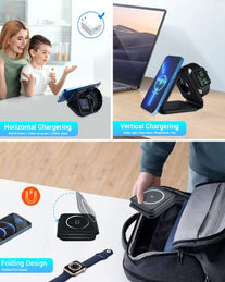 Wireless Charger 3 in 1, Magnetic Foldable Wireless Charging Station for iPhone 14/13/12/11 Pro Max/X/Xs Max/8/8 Plus, AirPods 3/2/pro, iWatch Series 7/6/5/SE/4/3/2 (Adapter Inclues) - The Gadget Collective
