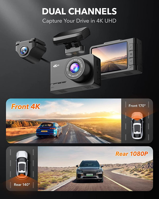 WOLFBOX 4K Dash Cam Built-In Wifi GPS Dashboard Camera Front 4K/2.5K and Rear 1080P Dual Car Recorder, Mini Security Dashcam with 2.45" LCD, 170° Wide Angle, Support 128GB Max - The Gadget Collective