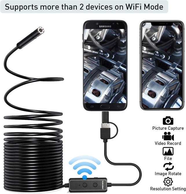 Xpertmatic F160 USB and Wifi 2.0 MP HD Endoscope, 16.4FT Large Focal Range Borescope Drain Camera for Iphone, Android Phone, PC, Macbook - 16.4FT Semi-Rigid with 8 Adjustable LED Lights - The Gadget Collective