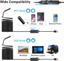 Xpertmatic F160 USB and Wifi 2.0 MP HD Endoscope, 16.4FT Large Focal Range Borescope Drain Camera for Iphone, Android Phone, PC, Macbook - 16.4FT Semi-Rigid with 8 Adjustable LED Lights - The Gadget Collective