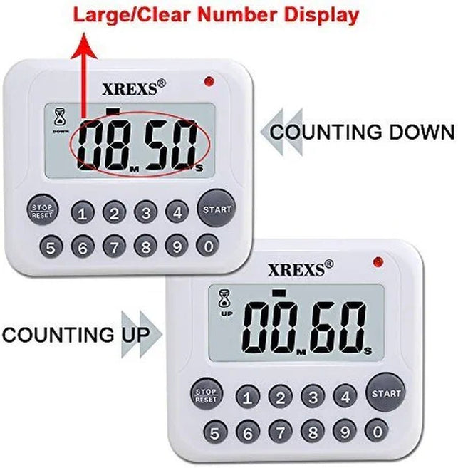 XREXS Digital Kitchen Timer Magnetic Countdown up Cooking Timer Clock with Magnet Back and Clip, Loud Alarm, Large Display Minutes and Seconds Directly Input-White (2 Battery Included) (DC-12) - The Gadget Collective