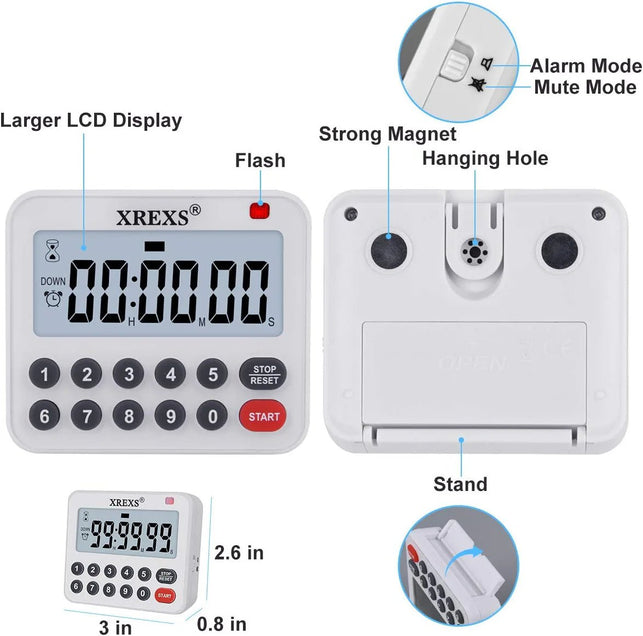 XREXS Digital Kitchen Timer Magnetic Countdown up Cooking Timer Loud Alarm and Mute Optional, Magnet and Stand, Large Display Classroom Timer for Teachers (2 Batteries Included) Upgraded Version - The Gadget Collective