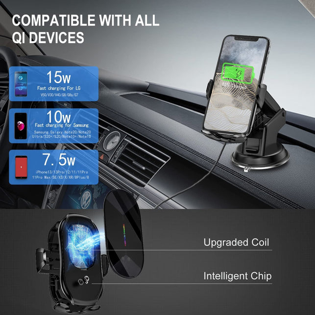 YITUMU Wireless Car Charger Mount,15W Qi Fast Charging Auto-Clamping Car Phone Holder, Air Vent Windshield Dashboard Car Phone Mount for Iphone 13/12/11/X/8,Samsung S20/S10/Note20/Note10 - The Gadget Collective