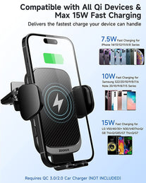 ZOOAUX Wireless Car Charger Vent Mount, 15W Qi Fast Charging Auto-Clamping Car Mount, Air Vent Car Phone Holder for Iphone 13/13 Mini/12/11/Xs/Xr/X/8,Samsung S22/S21/S20/S10/S9 Note 10(Grey) - The Gadget Collective